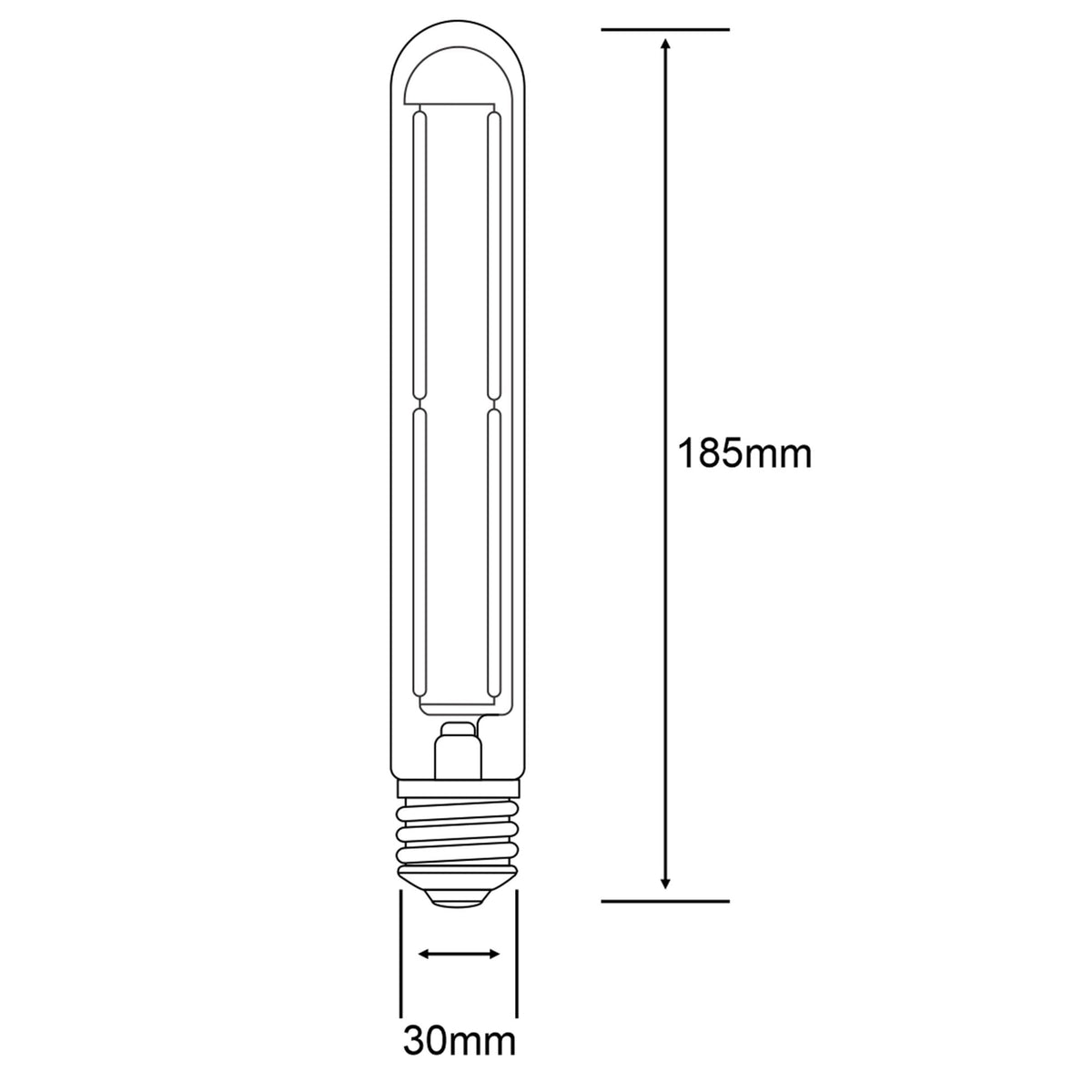 A diagram of a Classic Retro E27 T30 LED bulb with dimensions of 185mm x 30mm.