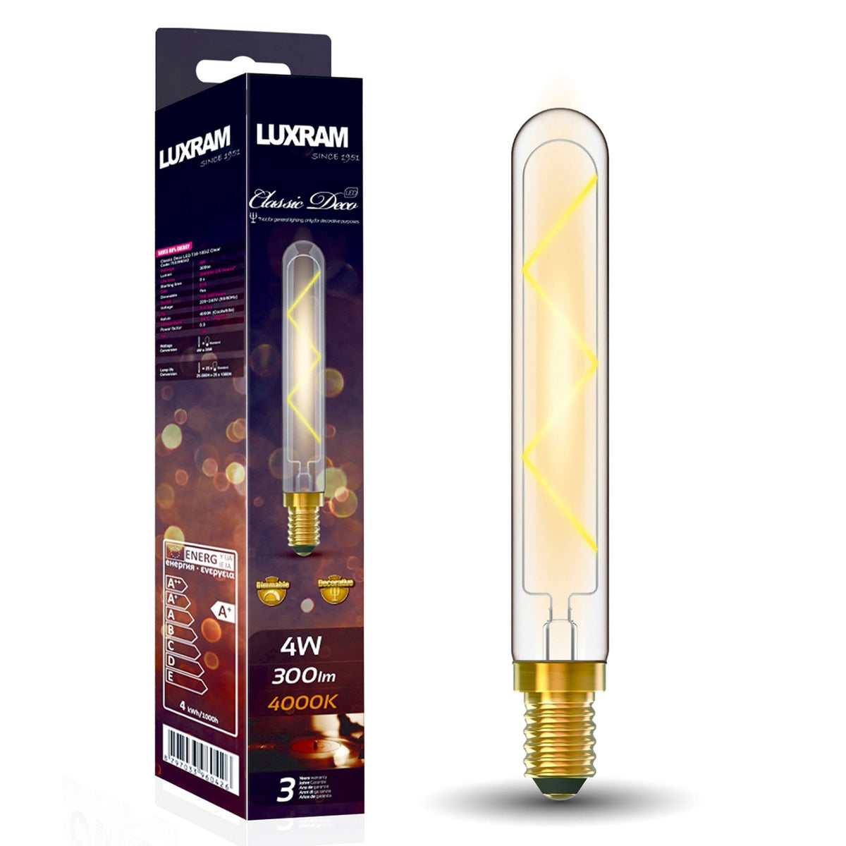 Classic Deco E14 Dimmable Neutral White X Filament LED 185mm Tube 4W 4000K 300lm