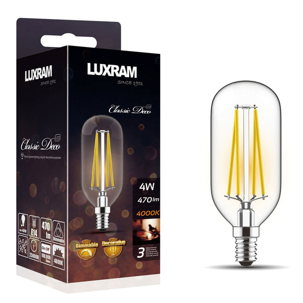 A packaged Luxram Classic Deco 4W 470lm 4000K LED filament bulb next to the unwrapped bulb.