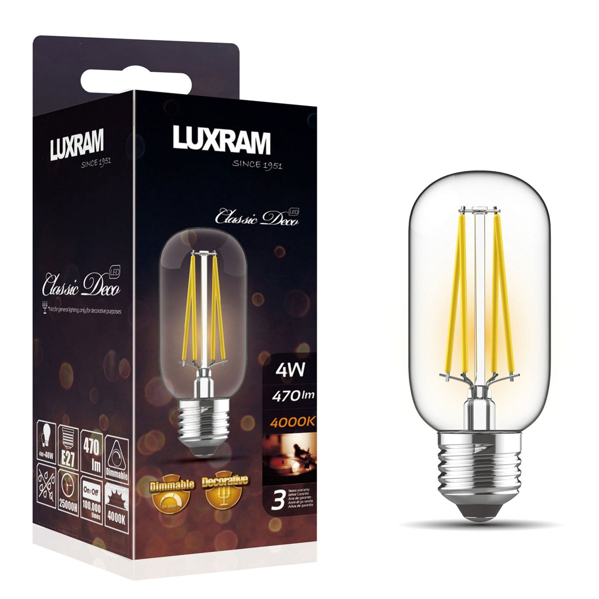 A packaged Luxram Classic Deco 4W LED bulb next to an unpackaged bulb.