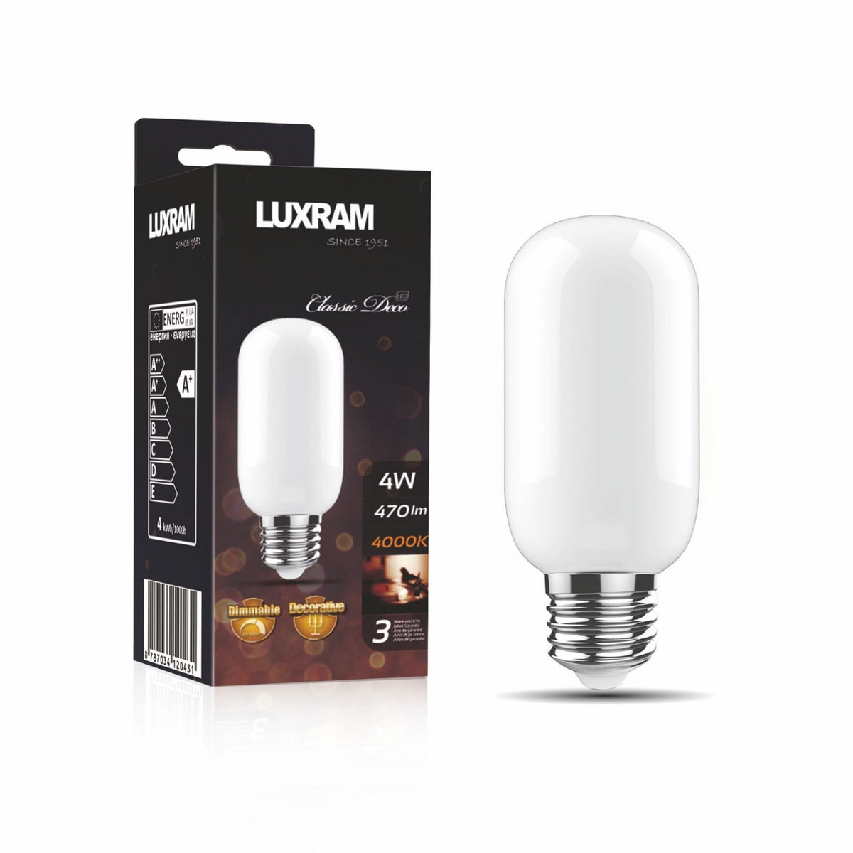 Classic Deco Opal E27 Dimmable Neutral White LED 110mm Tube 4W 4000K 330lm