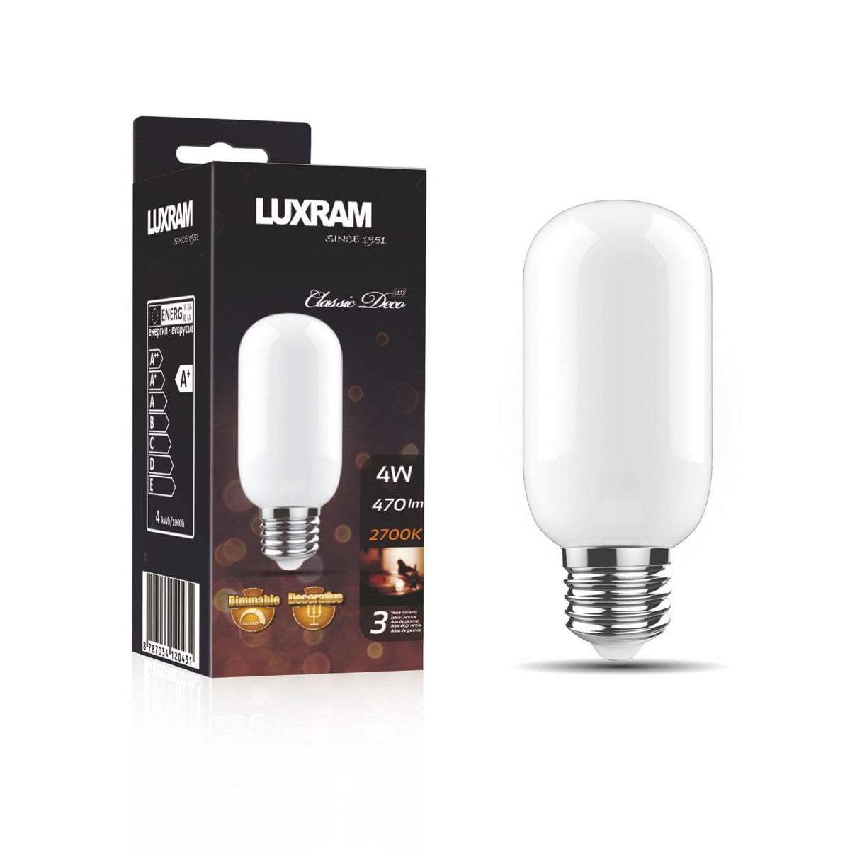 Classic Deco Opal E27 Dimmable Warm White LED 110mm Tube 4W 2700K 330lm