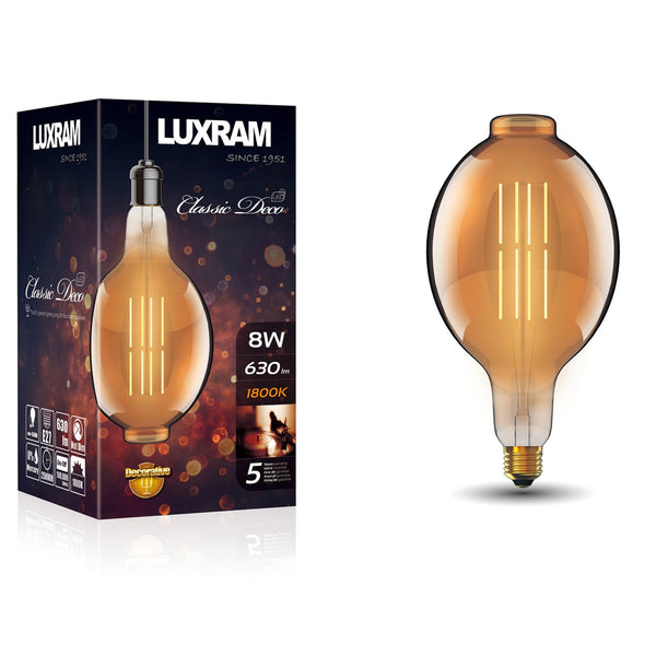 Classic Deco E27 Amber Bulged Tubular Dimmable H Filament Extra Warm White LED 8W 1800K 630lm