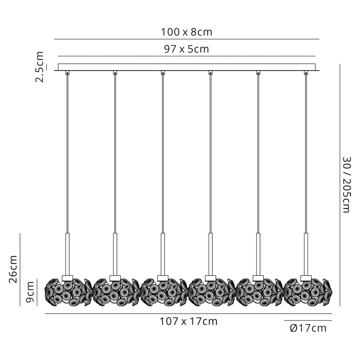 Bridestowe 6 Light Linear Pendant in Polished Chrome & Clear Crystal