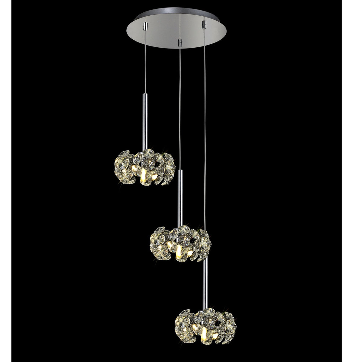 Bridestowe Triple Round Pendant in Polished Chrome Finish & Clear Crystal