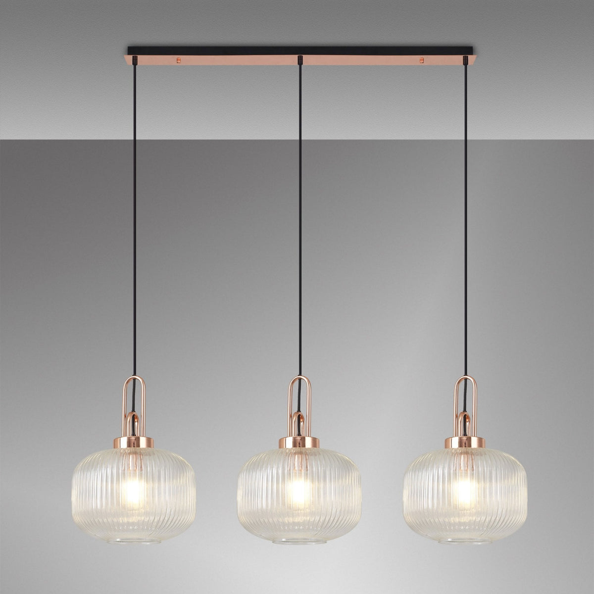 Atherington Pumpkin 3 Drop Linear Pendant in Copper & Clear Shades