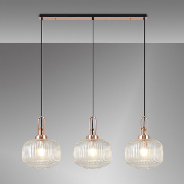 Atherington Pumpkin 3 Drop Linear Pendant in Copper & Clear Shades