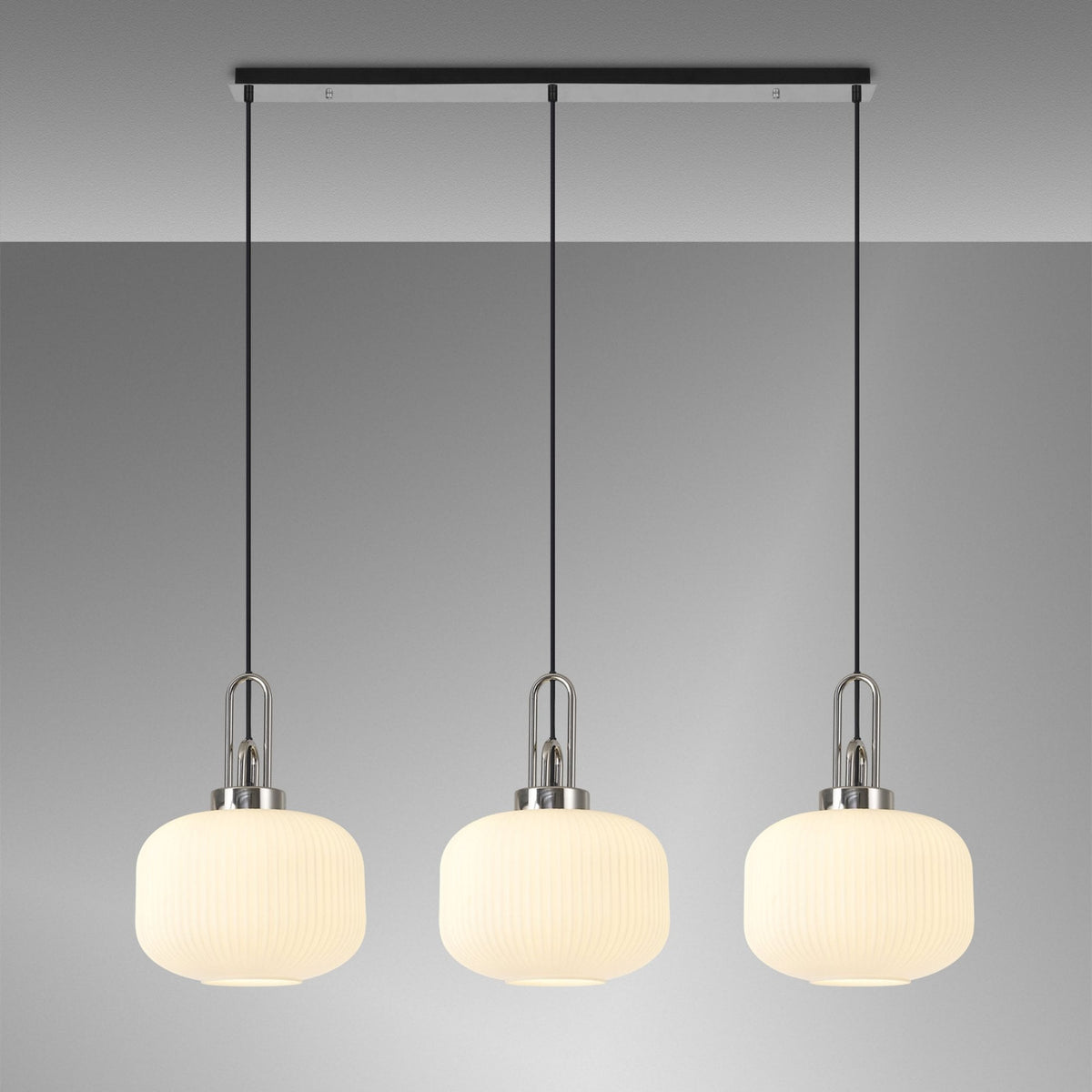 Atherington Pumpkin 3 Drop Linear Pendant in Polished Nickel & Opal Shades