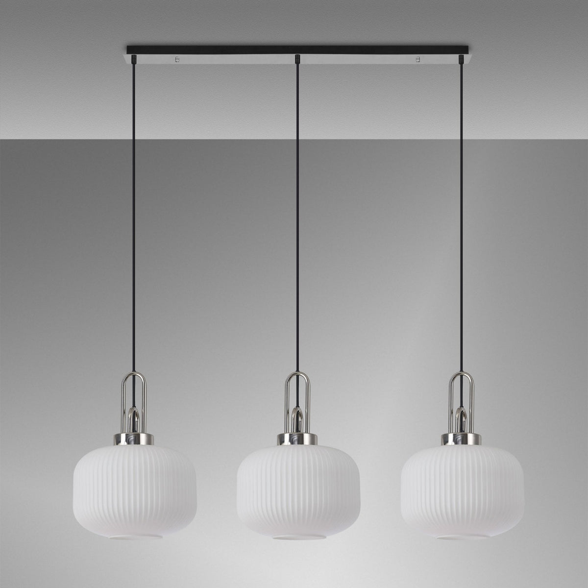 Atherington Pumpkin 3 Drop Linear Pendant in Polished Nickel & Opal Shades