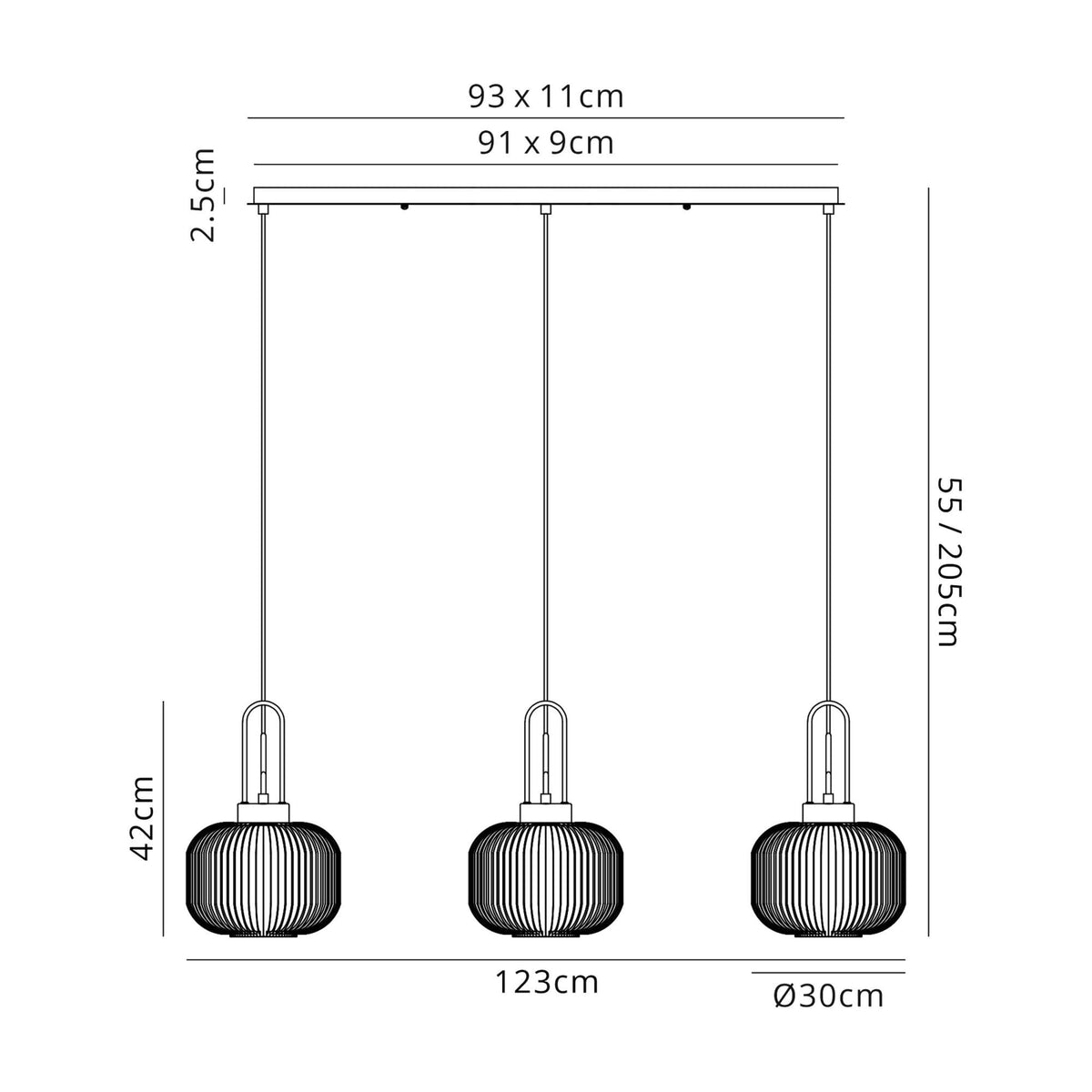 Atherington Pumpkin 3 Drop Linear Pendant in Polished Nickel & Champagne Shades