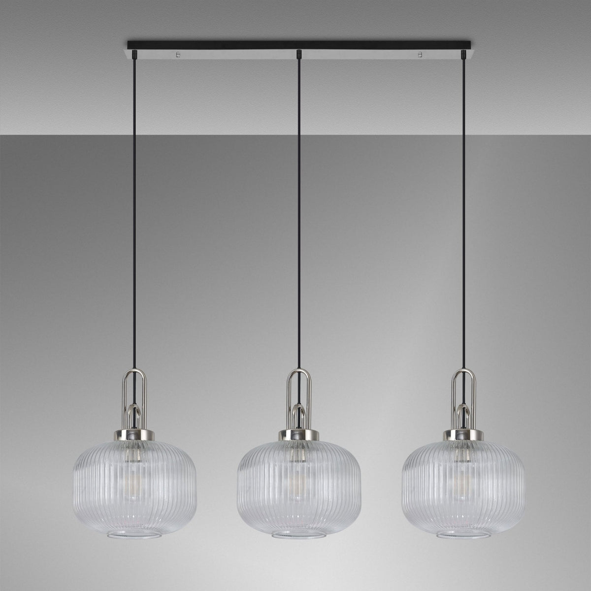 Atherington Pumpkin 3 Drop Linear Pendant in Polished Nickel & Clear Shades
