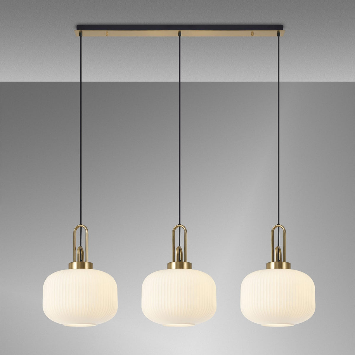 Atherington Pumpkin 3 Drop Linear Pendant in Brass Gold & Opal Shades