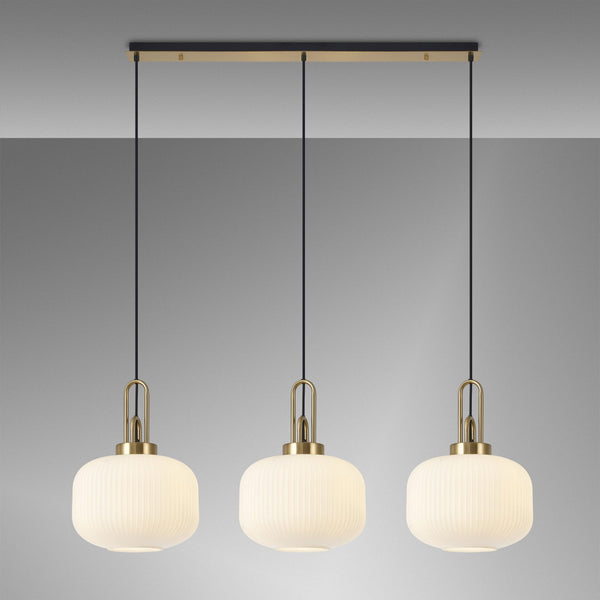 Atherington Pumpkin 3 Drop Linear Pendant in Brass Gold & Opal Shades