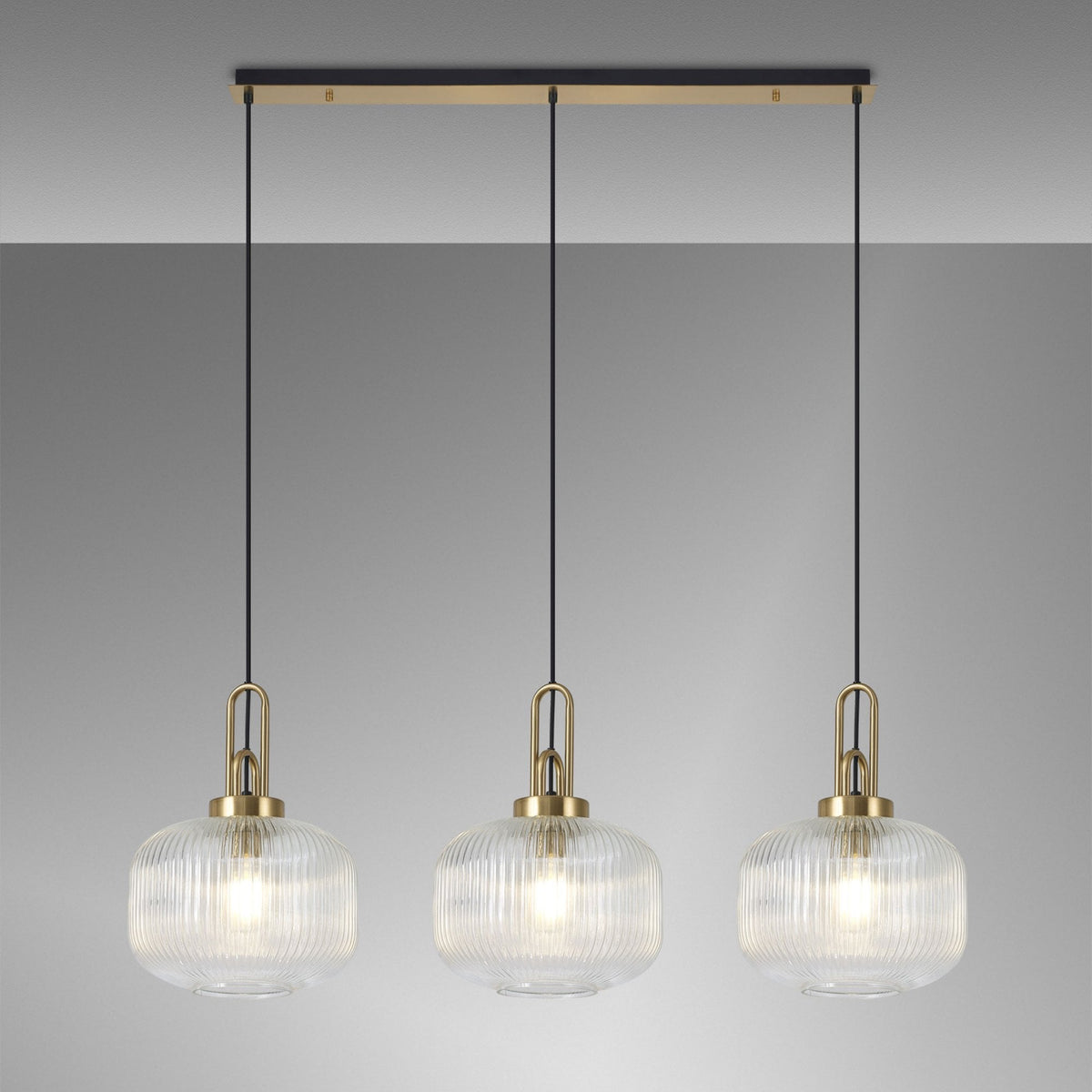 Atherington Pumpkin 3 Drop Linear Pendant in Brass Gold & Clear Shades