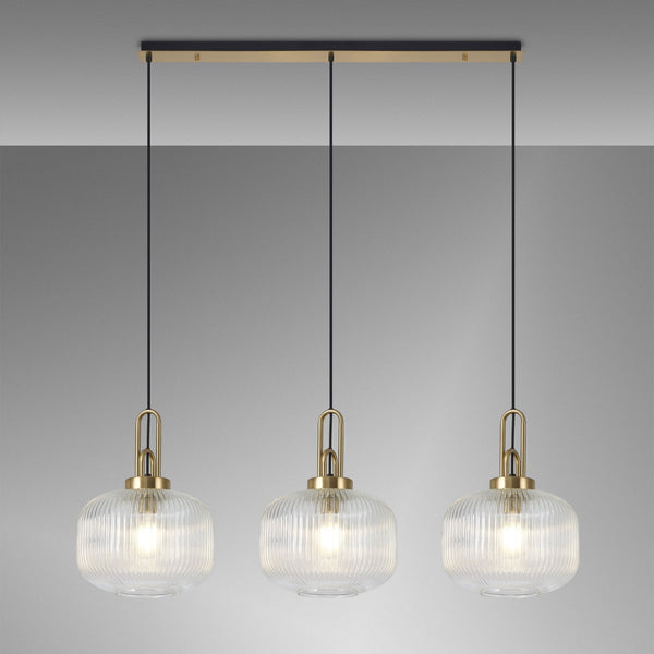 Atherington Pumpkin 3 Drop Linear Pendant in Brass Gold & Clear Shades