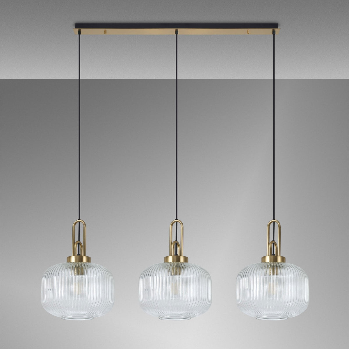 Atherington Pumpkin 3 Drop Linear Pendant in Brass Gold & Clear Shades