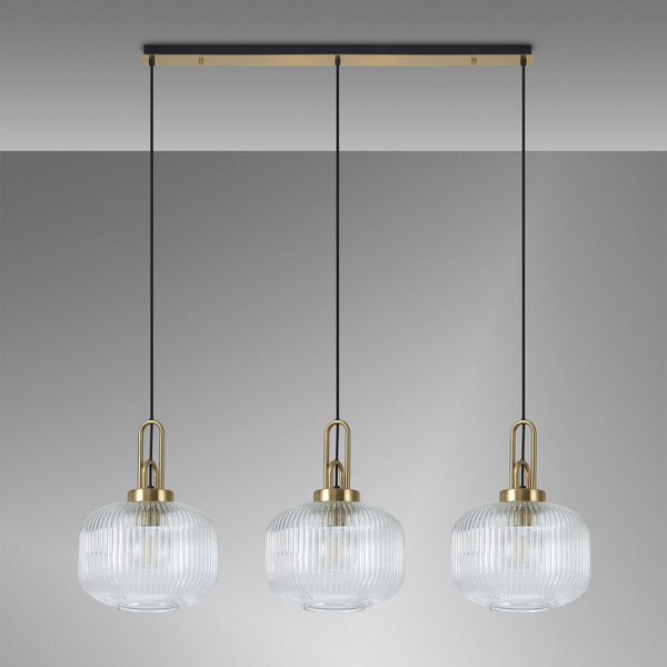 Atherington Pumpkin 3 Drop Linear Pendant in Brass Gold & Clear Shades