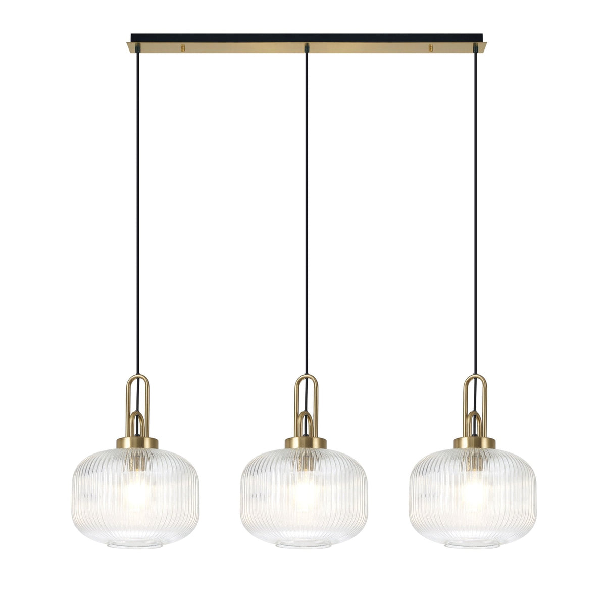 Atherington Pumpkin 3 Drop Linear Pendant in Brass Gold & Clear Shades