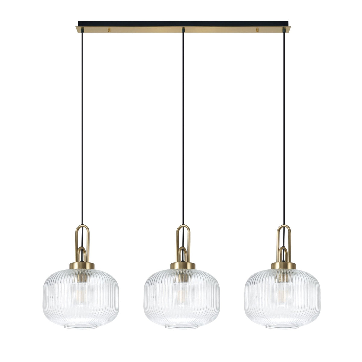 Atherington Pumpkin 3 Drop Linear Pendant in Brass Gold & Clear Shades