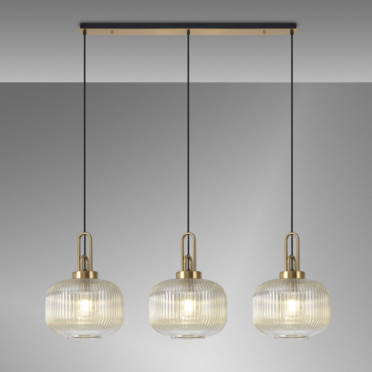 Atherington Pumpkin 3 Drop Linear Pendant in Brass Gold & Champagne Shades