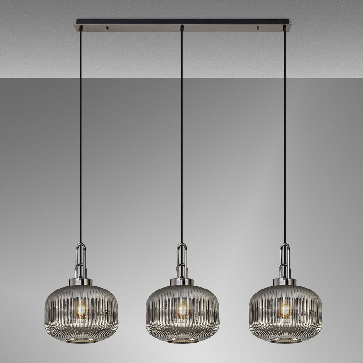 Atherington Pumpkin 3 Drop Linear Pendant in Black Chrome & Smoked Shades