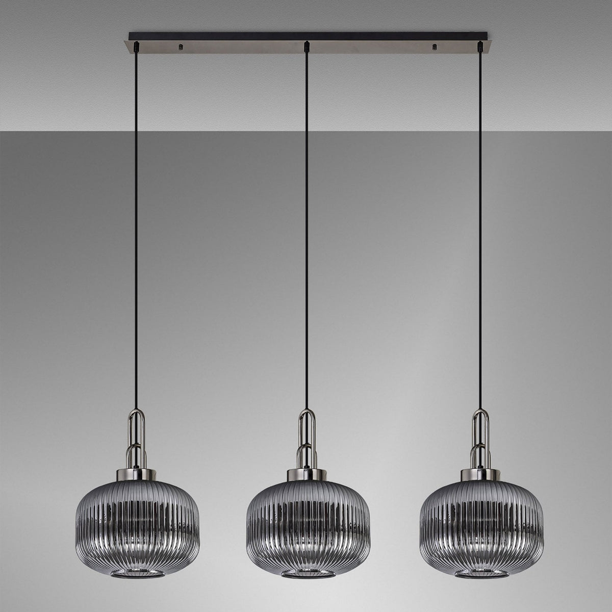 Atherington Pumpkin 3 Drop Linear Pendant in Black Chrome & Smoked Shades
