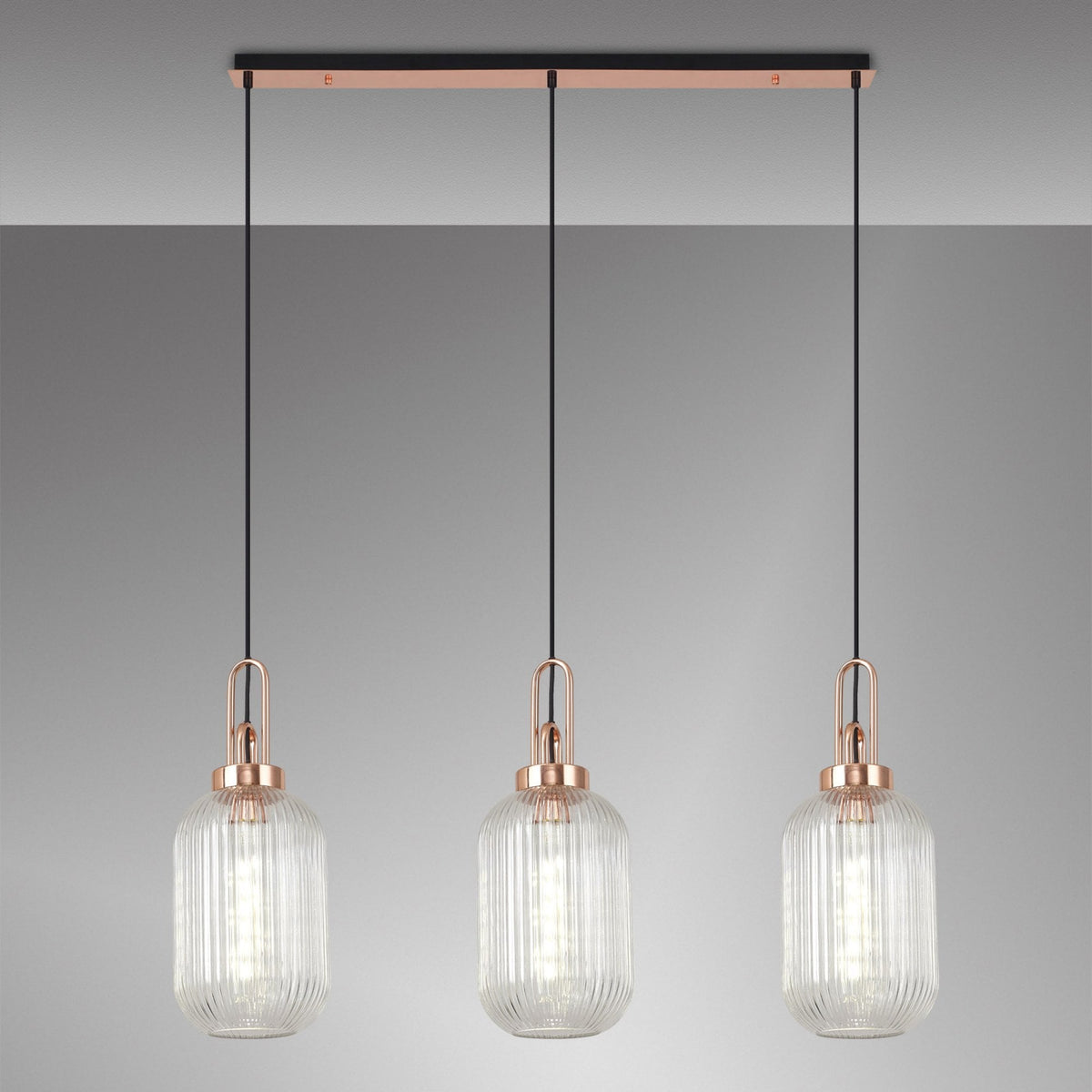 Atherington Tubular 3 Drop Linear Pendant in Copper & Clear Shades