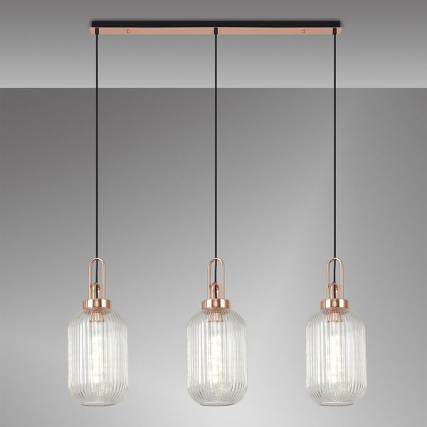 Atherington Tubular 3 Drop Linear Pendant in Copper & Clear Shades