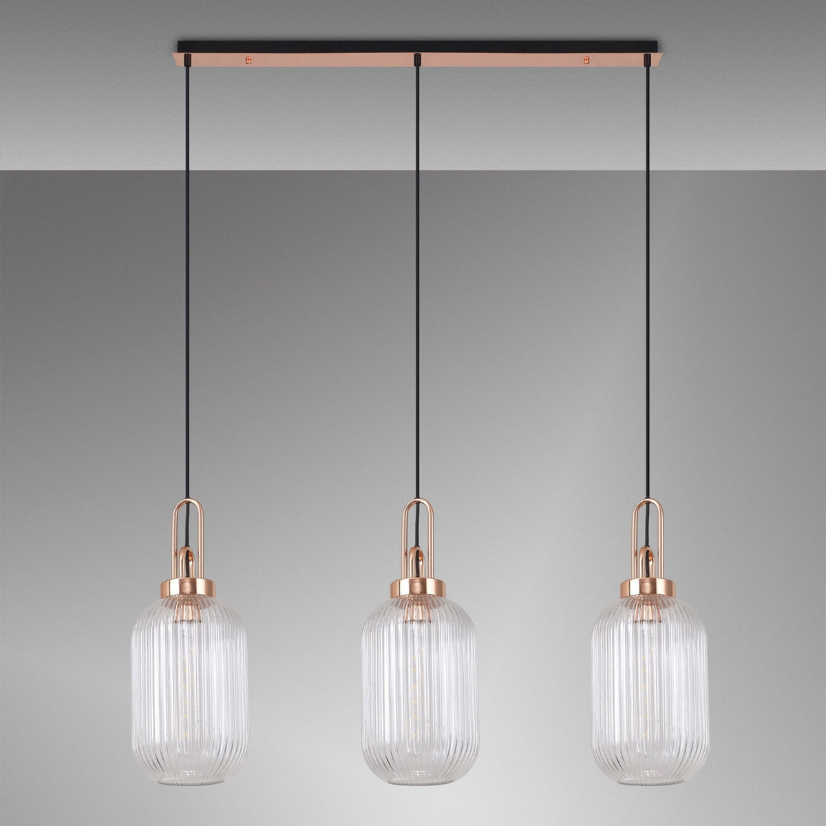 Atherington Tubular 3 Drop Linear Pendant in Copper & Clear Shades