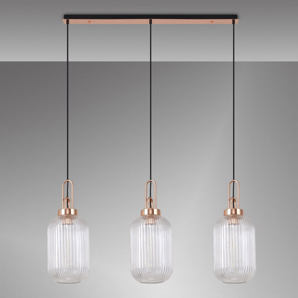 Atherington Tubular 3 Drop Linear Pendant in Copper & Clear Shades