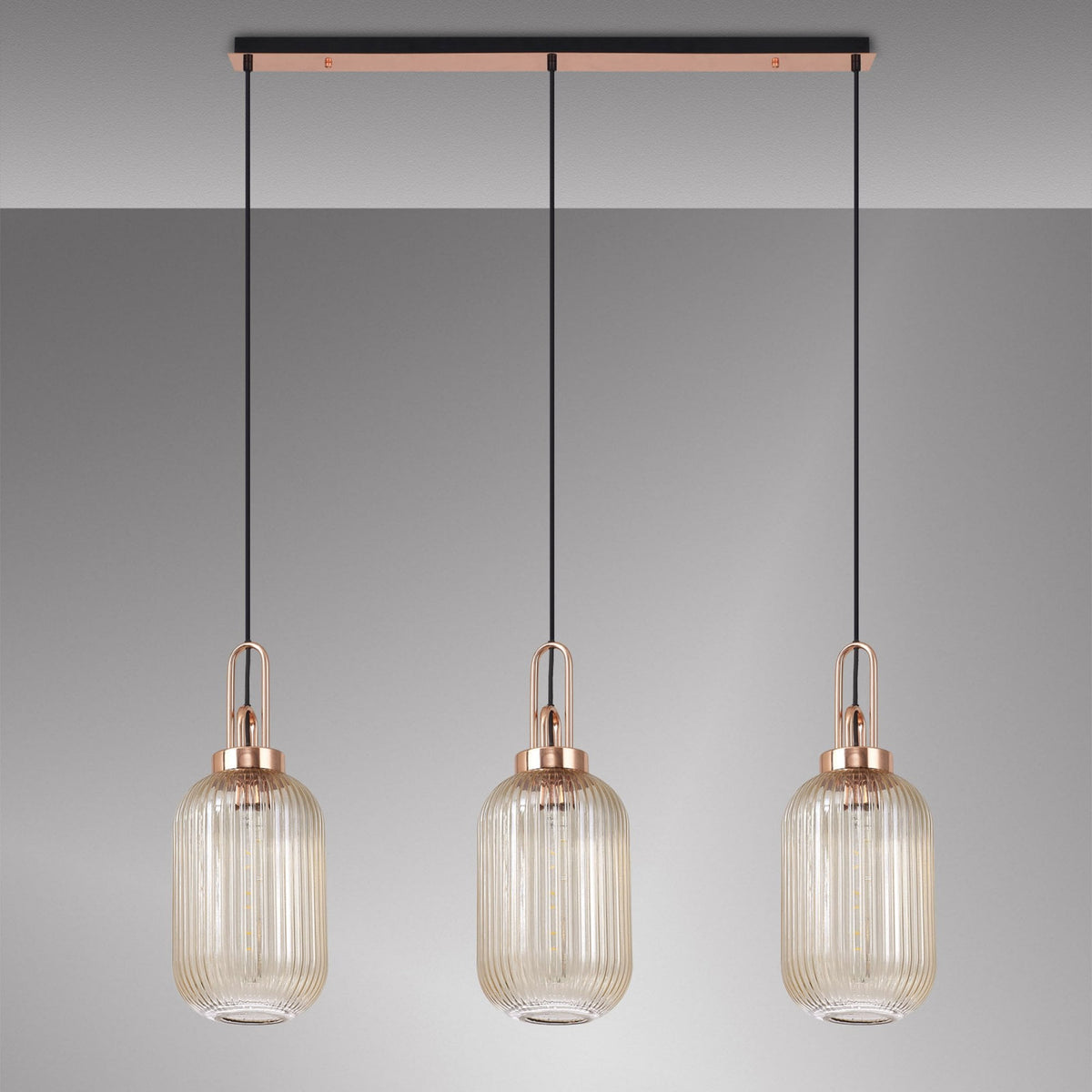 Atherington Tubular 3 Drop Linear Pendant in Copper & Champagne Shades