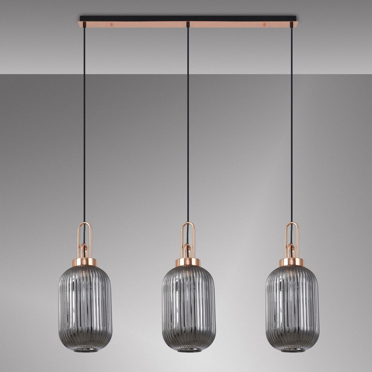 Atherington Tubular 3 Drop Linear Pendant in Copper & Smoked Shades