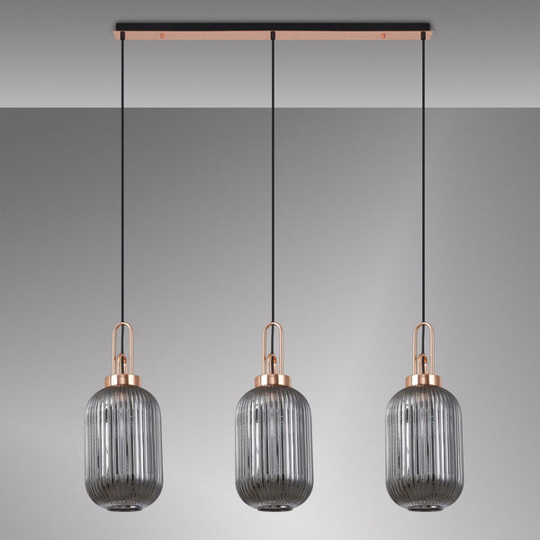 Atherington Tubular 3 Drop Linear Pendant in Copper & Smoked Shades