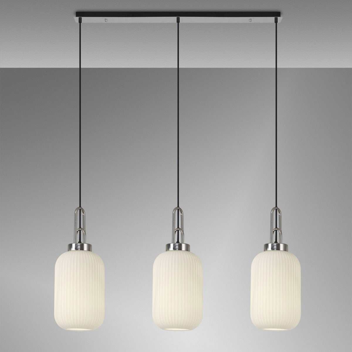 Atherington Tubular 3 Drop Linear Pendant in Polished Nickel & Opal Shades