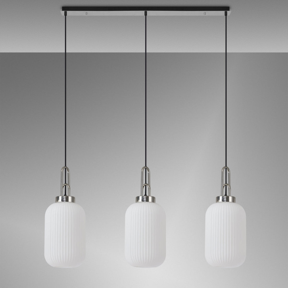Atherington Tubular 3 Drop Linear Pendant in Polished Nickel & Opal Shades