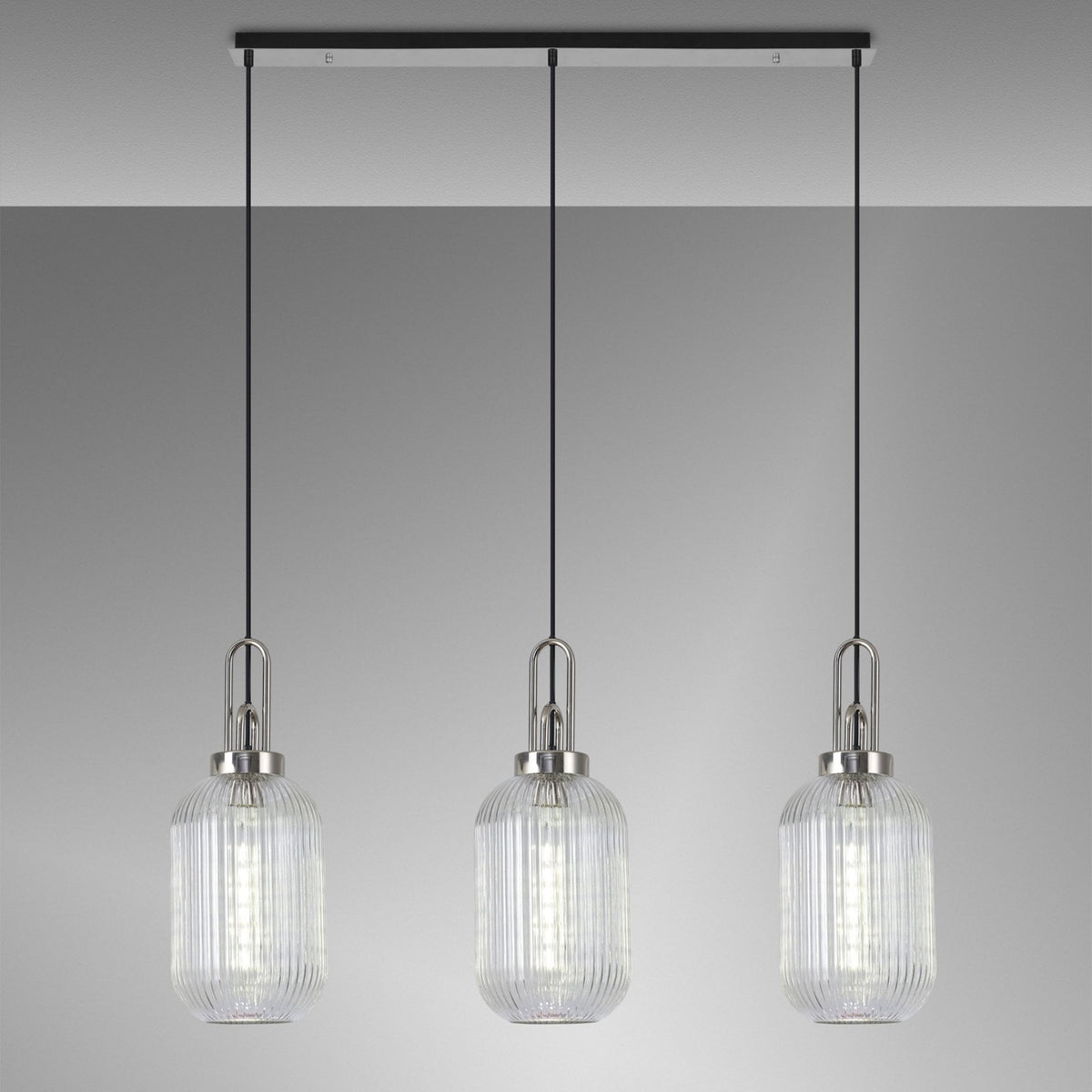 Atherington Tubular 3 Drop Linear Pendant in Polished Nickel & Clear Shades