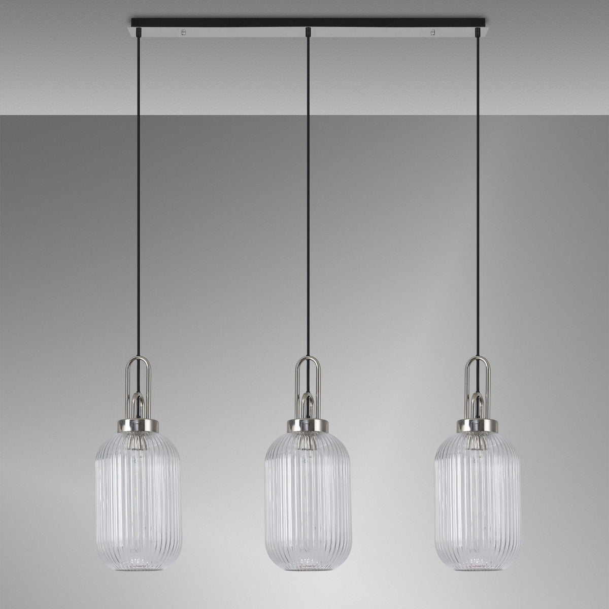 Atherington Tubular 3 Drop Linear Pendant in Polished Nickel & Clear Shades