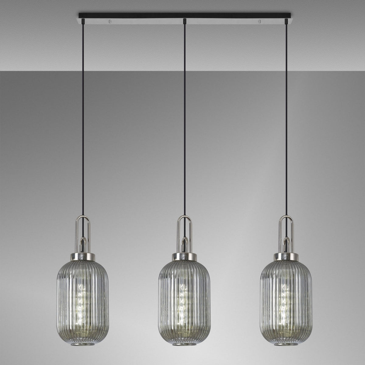 Atherington Tubular 3 Drop Linear Pendant in Polished Nickel & Smoked Shades