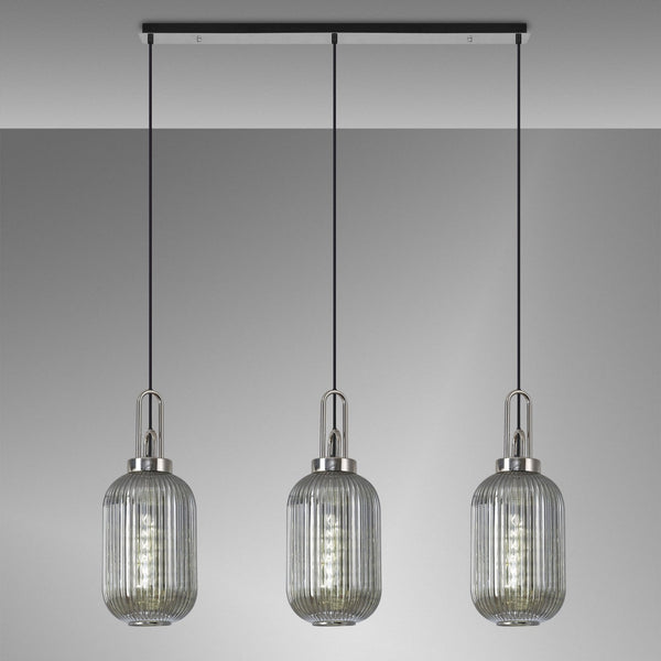 Atherington Tubular 3 Drop Linear Pendant in Polished Nickel & Smoked Shades