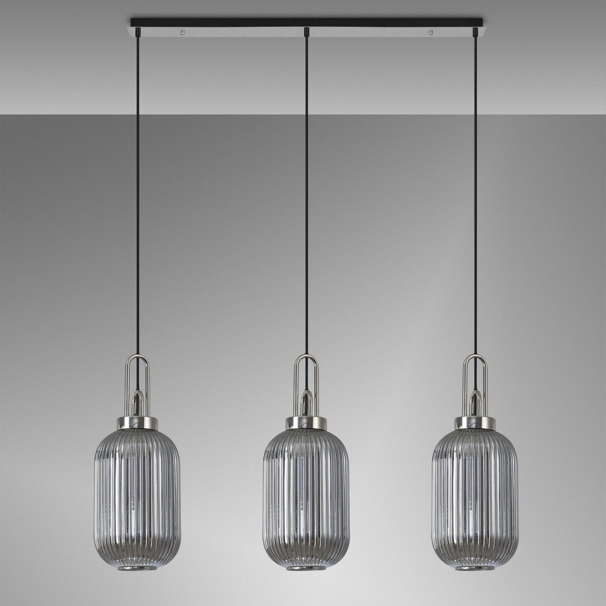 Atherington Tubular 3 Drop Linear Pendant in Polished Nickel & Smoked Shades
