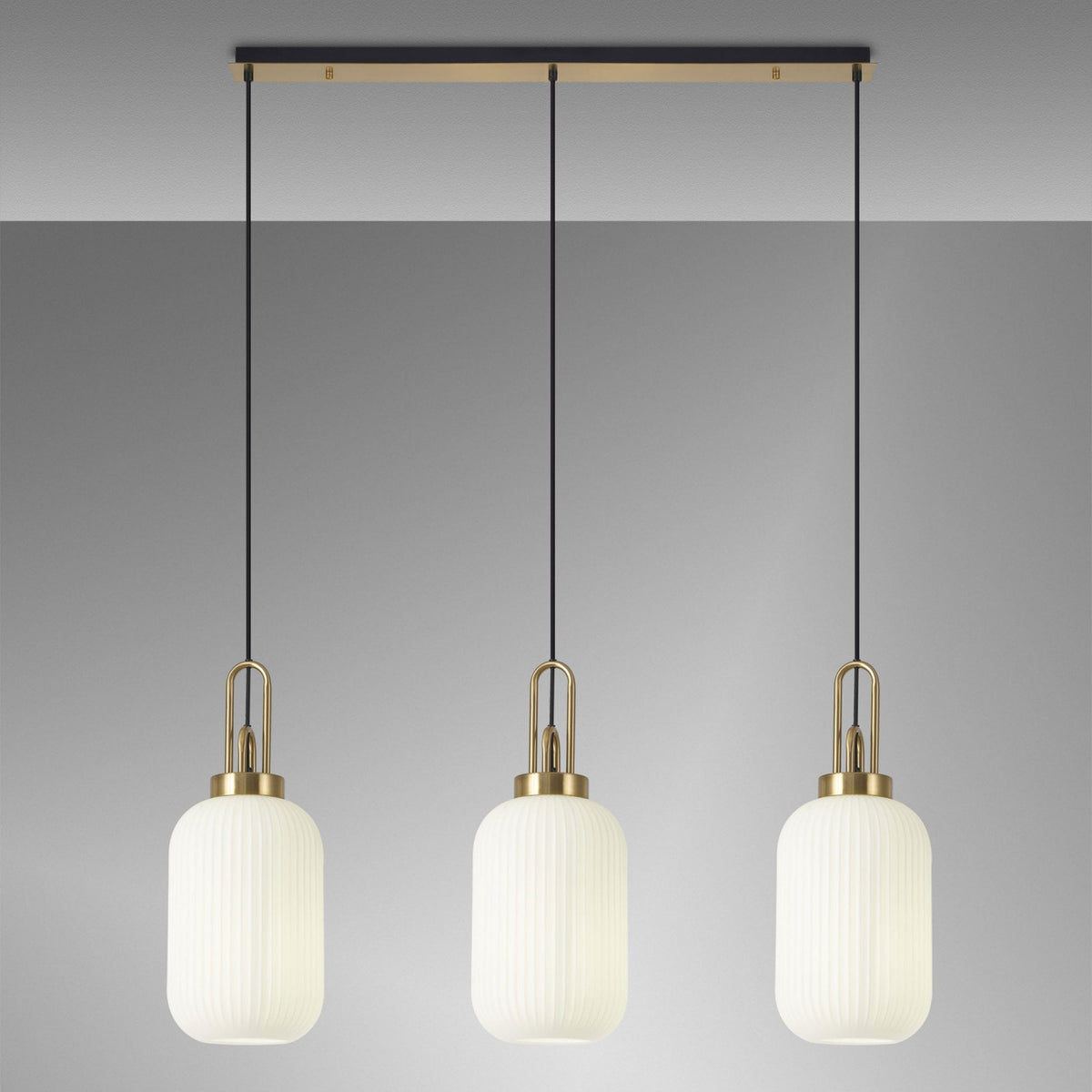 Atherington Tubular 3 Drop Linear Pendant in Brass Gold & Opal Shades