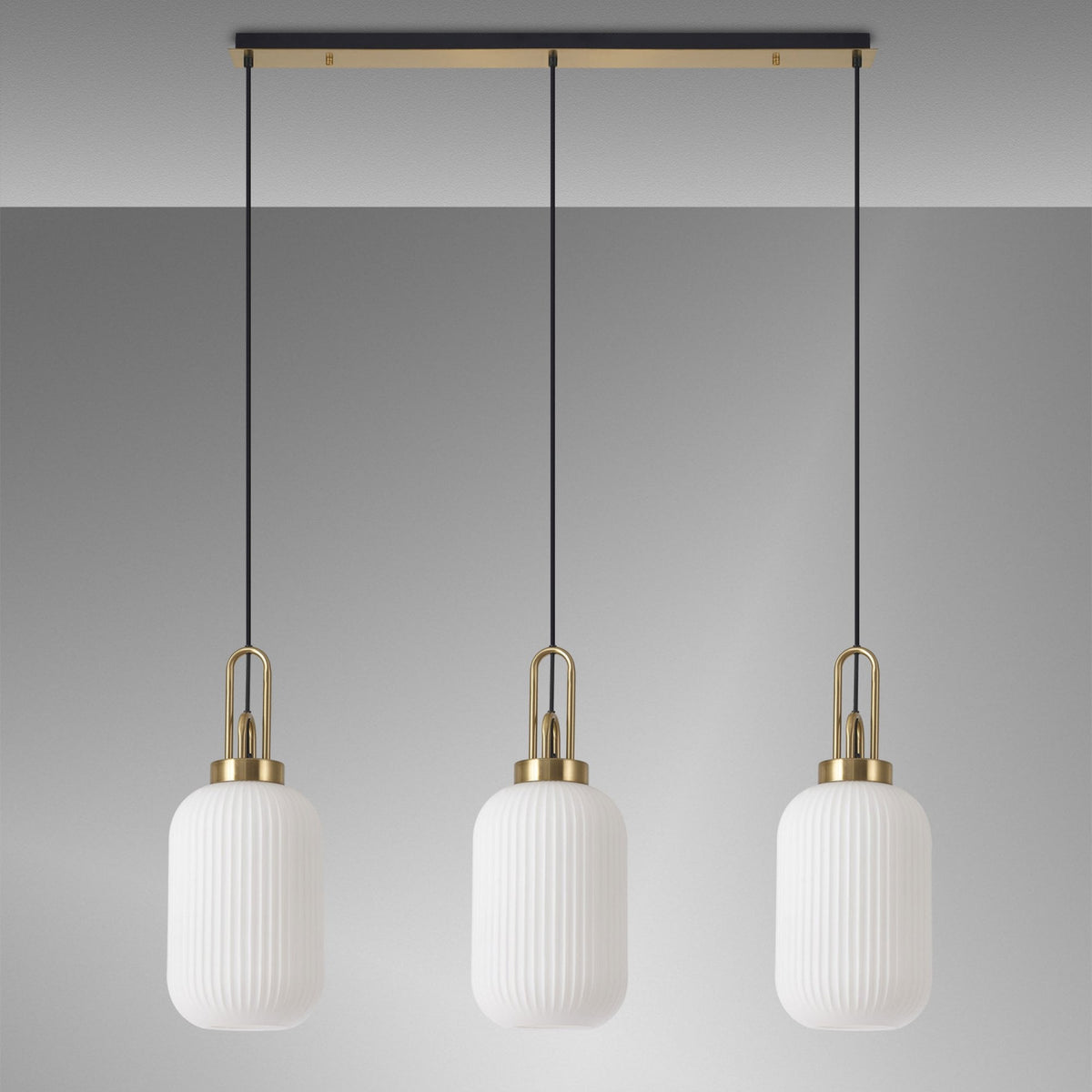 Atherington Tubular 3 Drop Linear Pendant in Brass Gold & Opal Shades