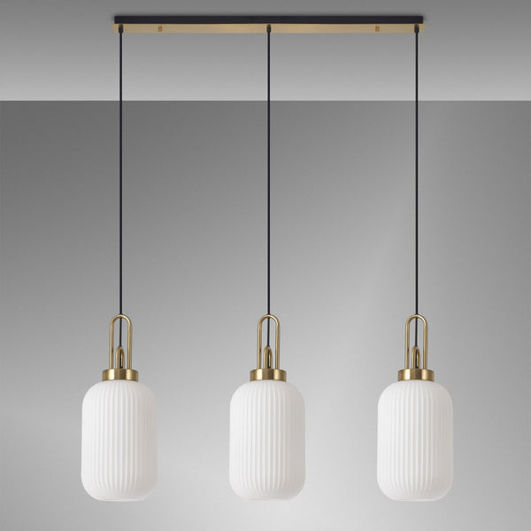 Atherington Tubular 3 Drop Linear Pendant in Brass Gold & Opal Shades