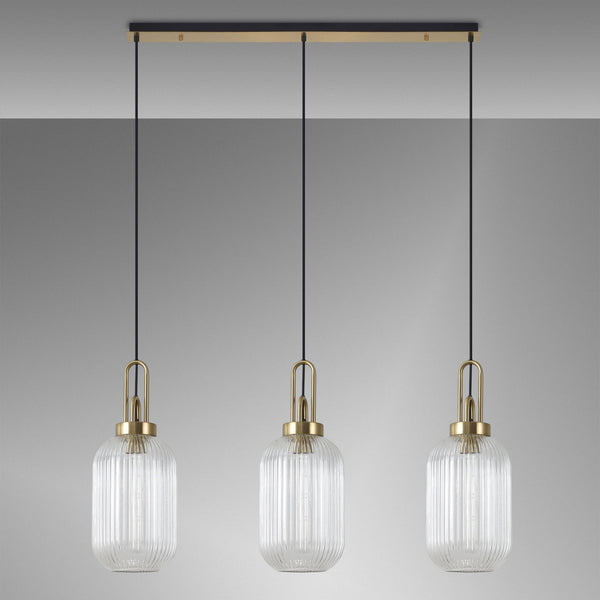 Atherington Tubular 3 Drop Linear Pendant in Brass Gold & Clear Shades