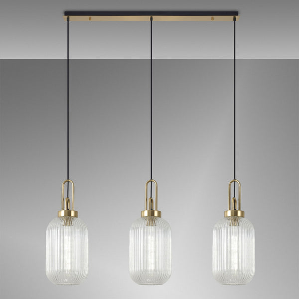 Atherington Tubular 3 Drop Linear Pendant in Brass Gold & Clear Shades