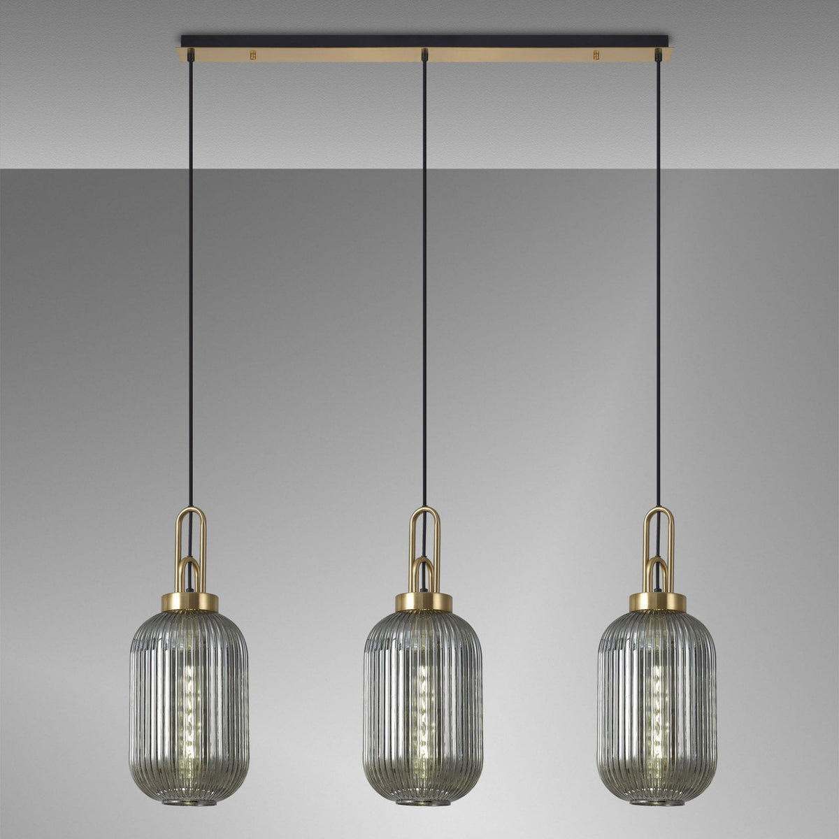 Atherington Tubular 3 Drop Linear Pendant in Brass Gold & Smoked Shades