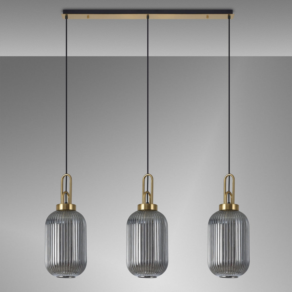 Atherington Tubular 3 Drop Linear Pendant in Brass Gold & Smoked Shades