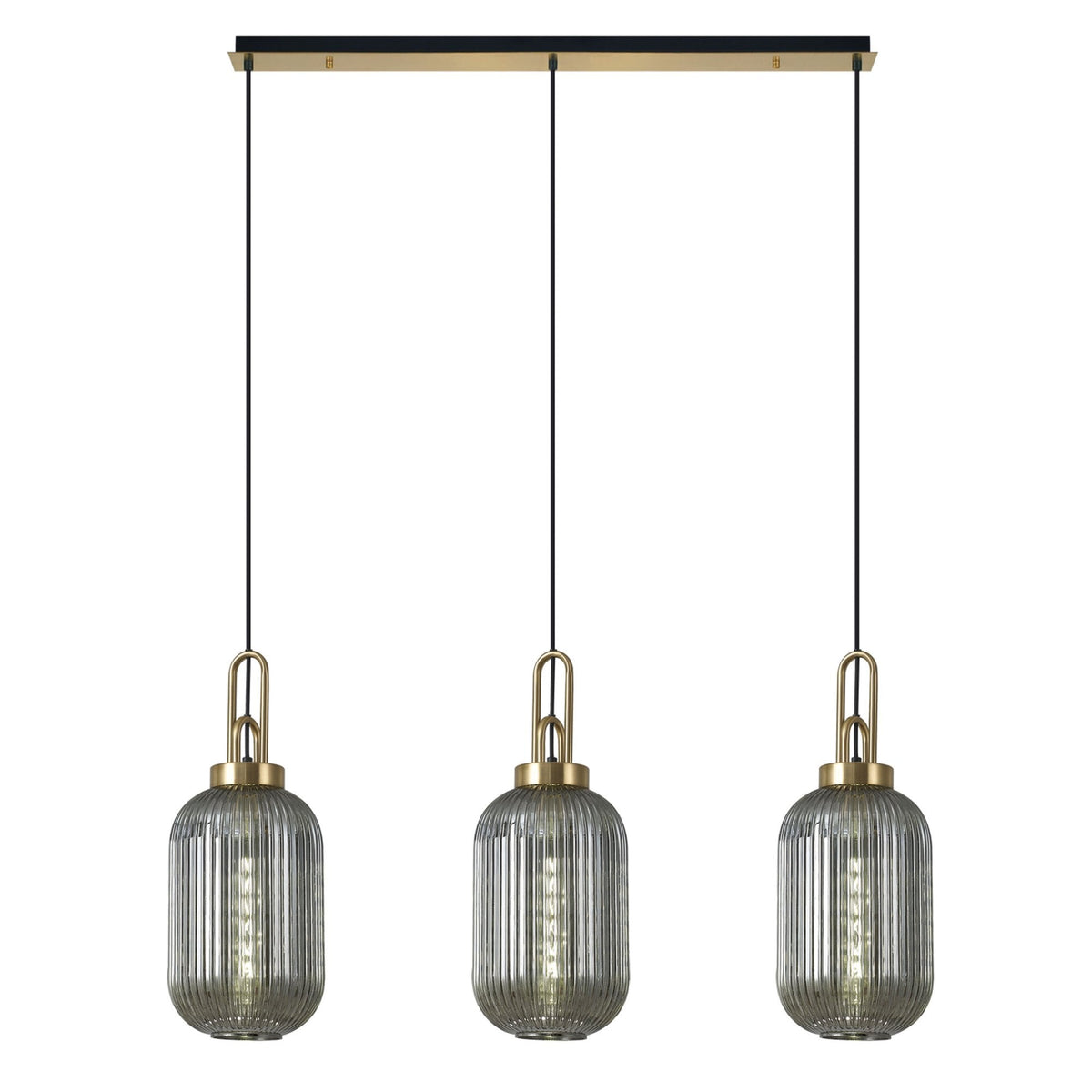 Atherington Tubular 3 Drop Linear Pendant in Brass Gold & Smoked Shades