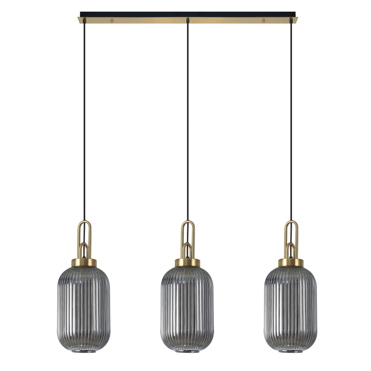 Atherington Tubular 3 Drop Linear Pendant in Brass Gold & Smoked Shades