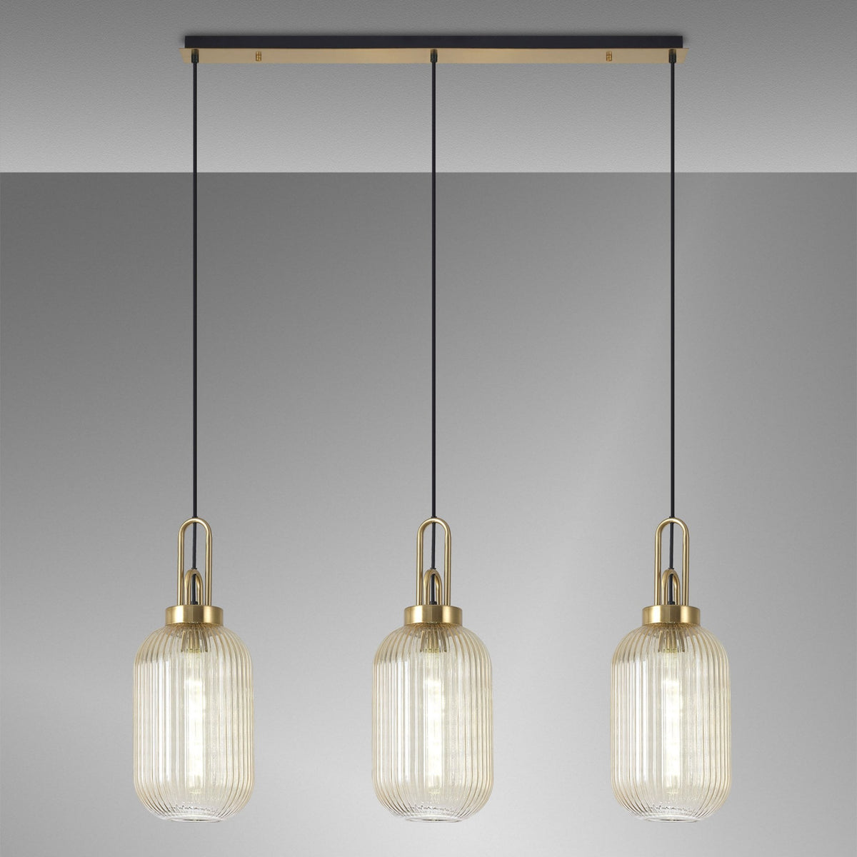 Atherington Tubular 3 Drop Linear Pendant in Brass Gold & Champagne Shades